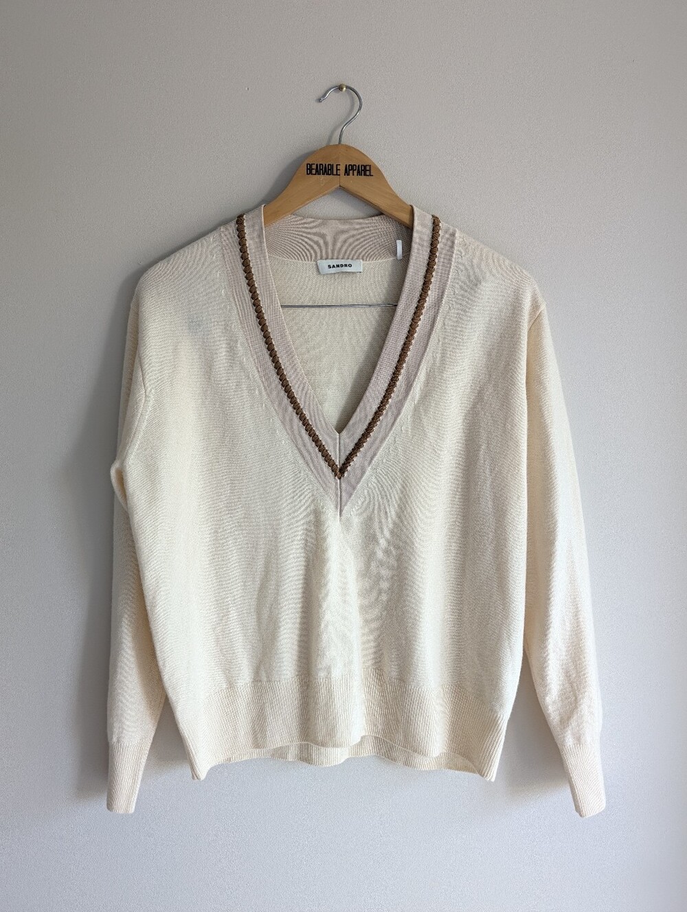 SANDRO Bridget Wool & Cashmere Blend Sweater V-Neck Lightweight Soft Knit Cream